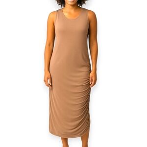 Sleeveless Tan Dress with Ruched sides Midi Length by Missguided Sz 14 P…